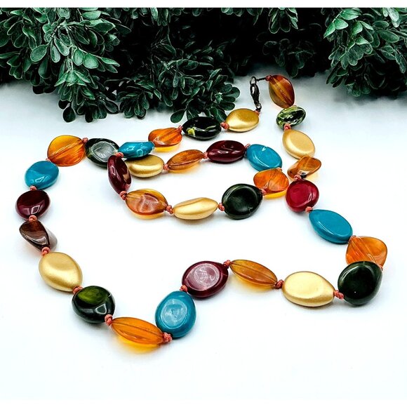 Multicolor Resin Gemstone Bead Necklace 32" With Lobster Clasp - Picture 1 of 5
